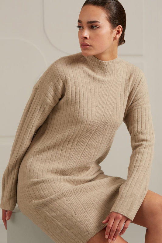 Knitted dress with turtleneck and long sleeves in rib stitch