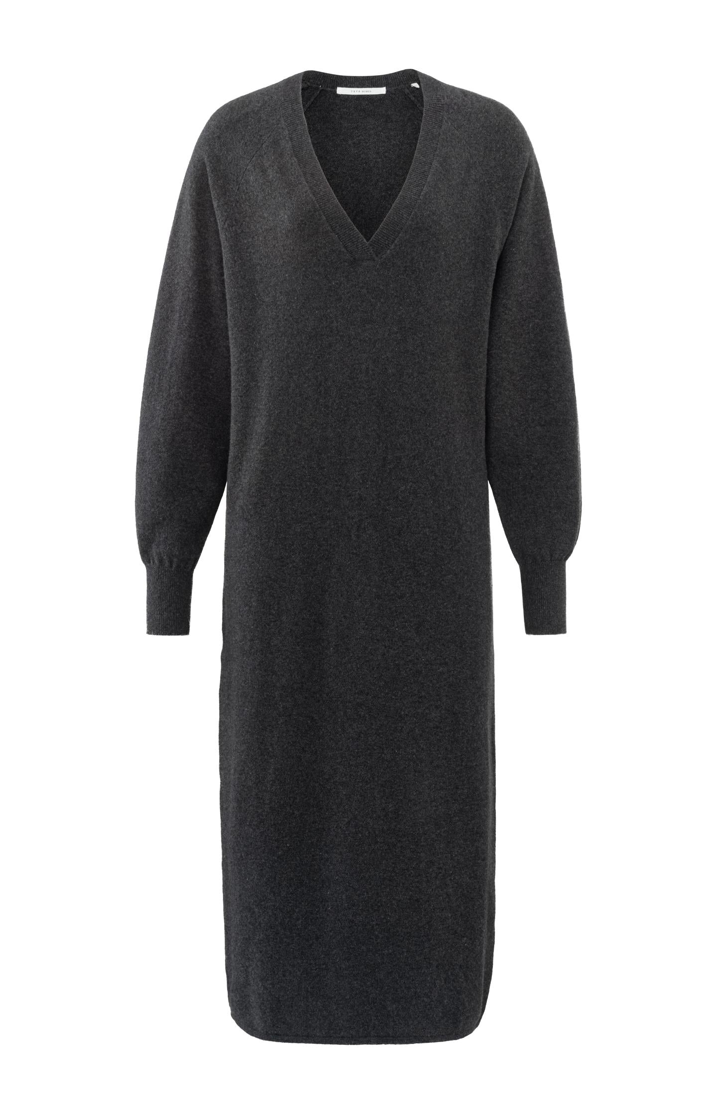 Knitted dark gray dress with V-neck and long sleeves