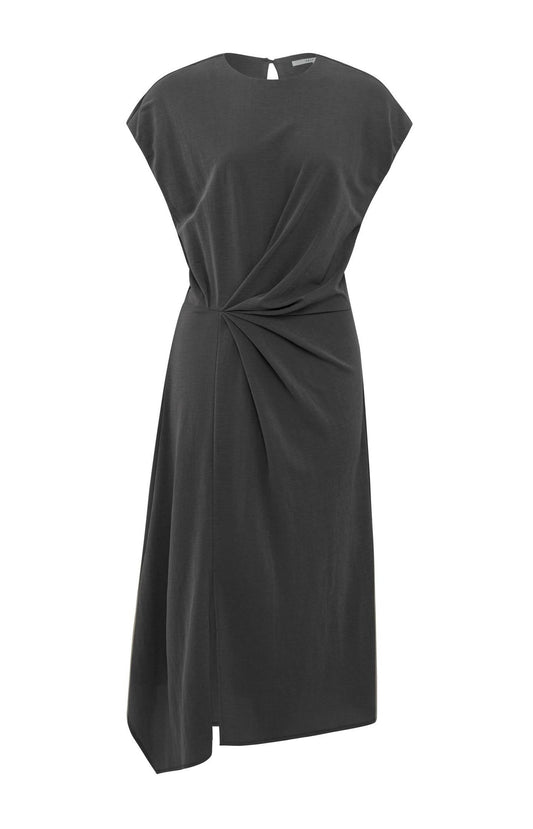 Midi dress with cap sleeves, faux wrap and pleated details