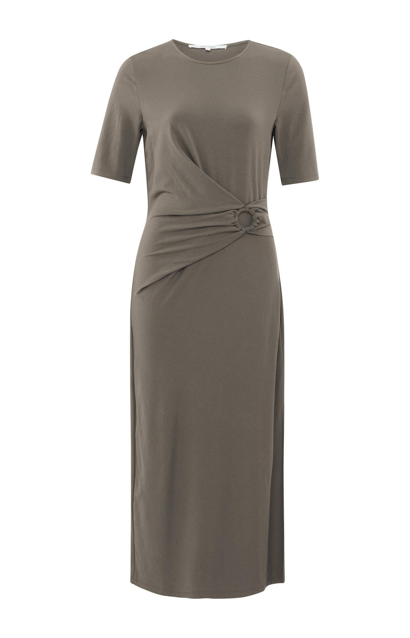 Midi dress with short sleeves, pleated ring detail and slit