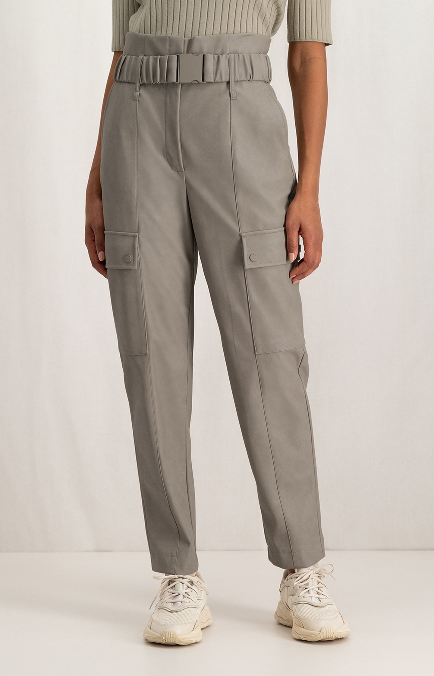 Cargo trousers with straight legs and belt in faux leather