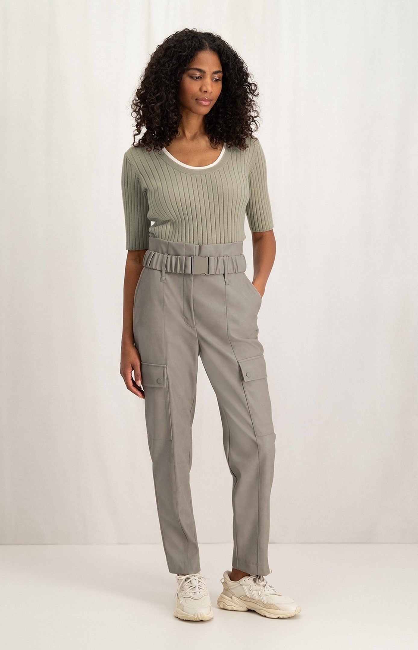 Cargo trousers with straight legs and belt in faux leather