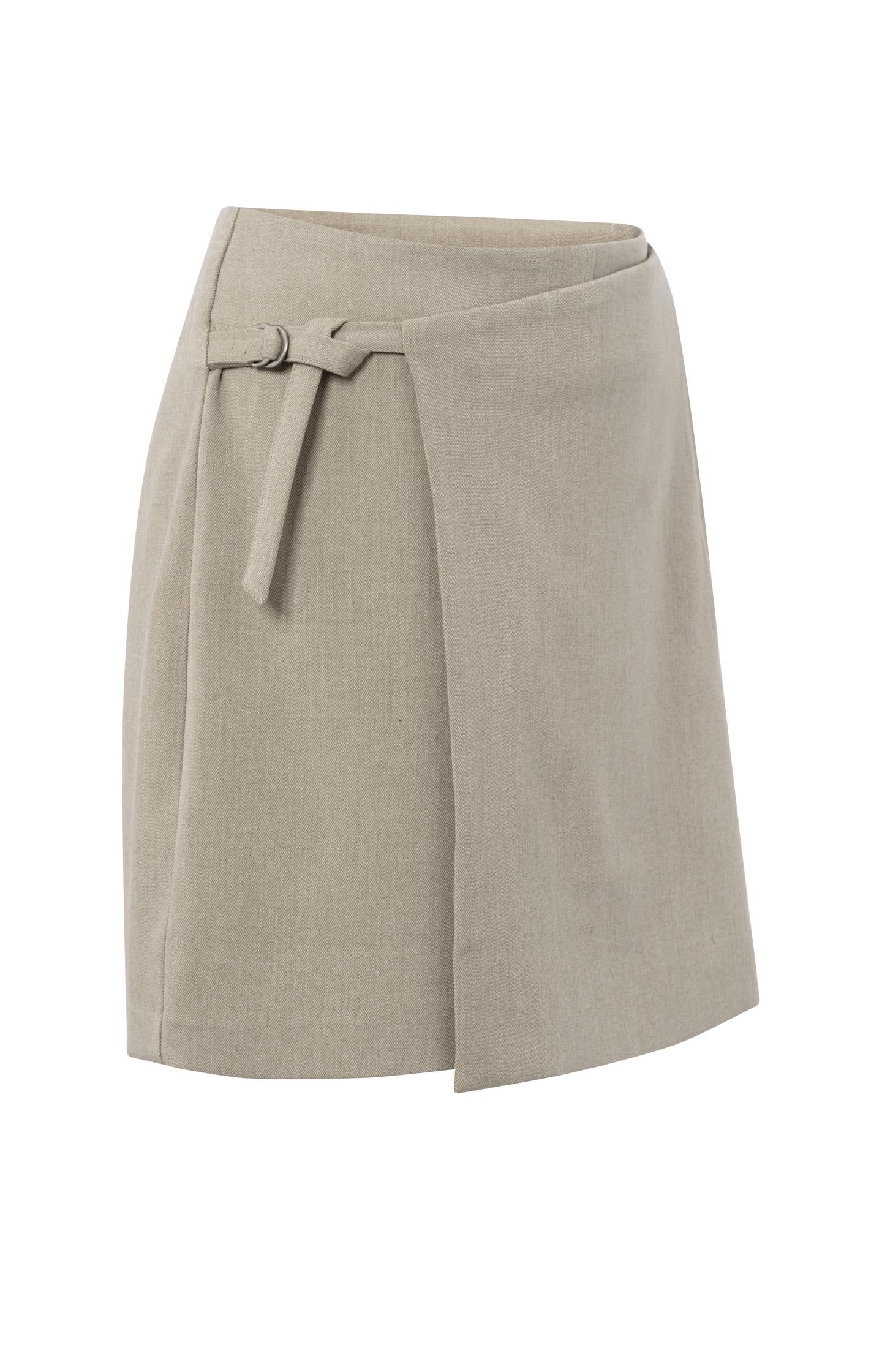 Woven short skirt with subtle wrap design and belt