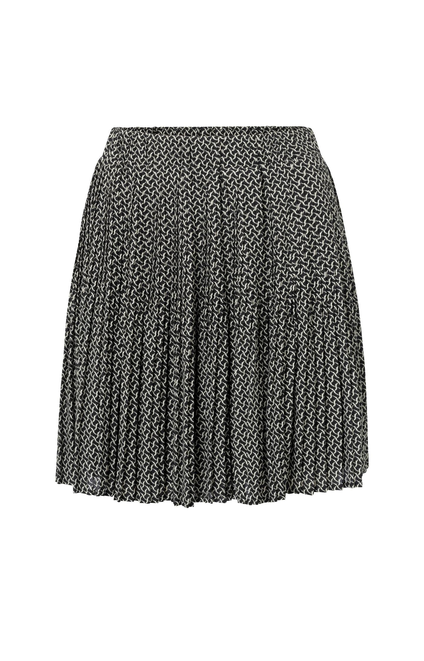 Black pleated skirt with subtle print and elastic waist