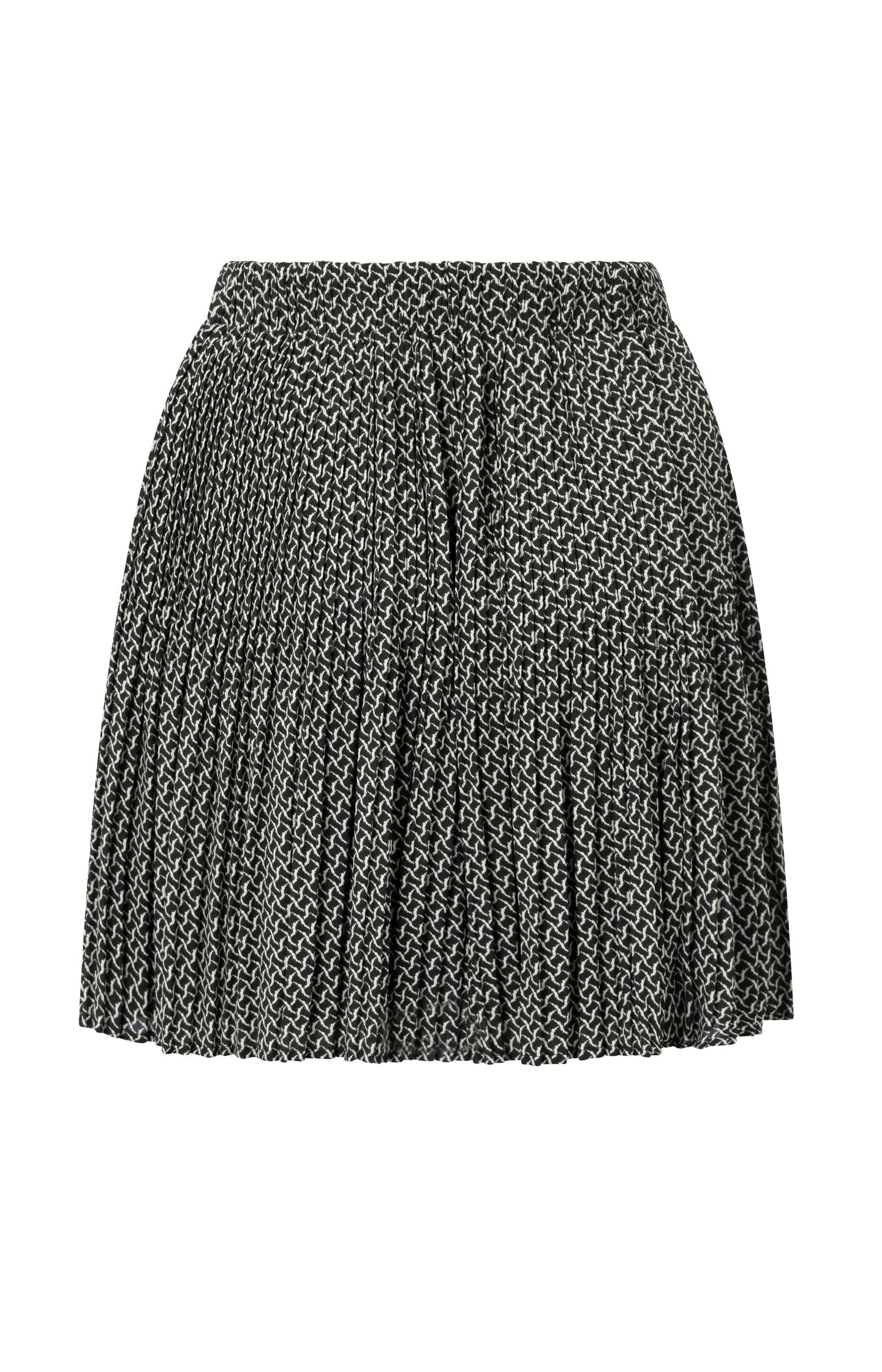 Black pleated skirt with subtle print and elastic waist