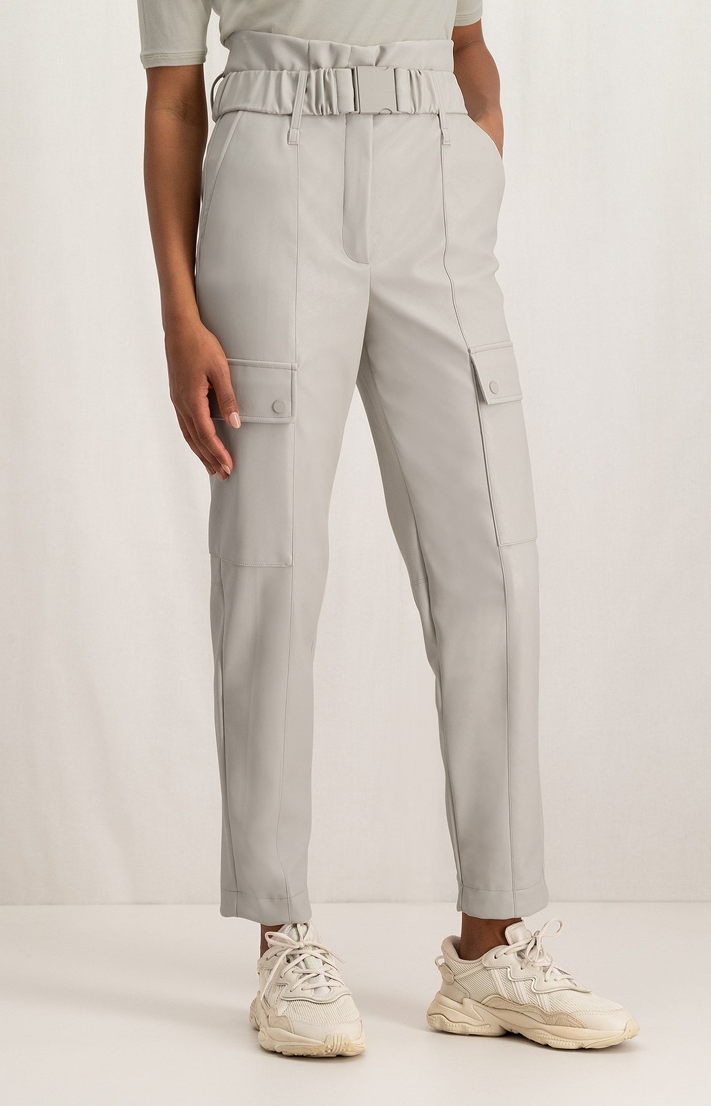 Cargo trousers with straight legs and belt in faux leather