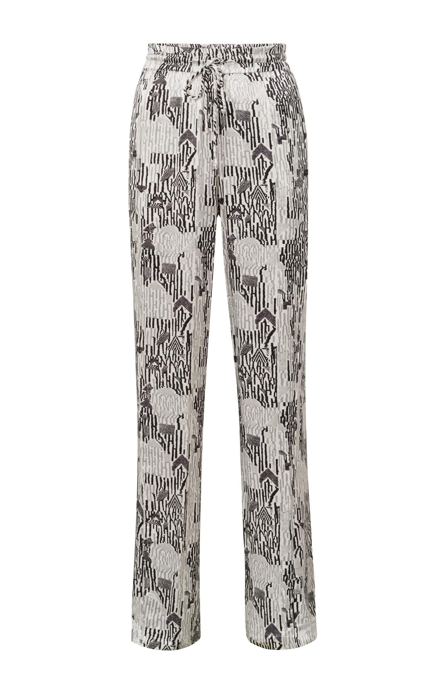 Satin woven trousers with wide leg, drawstring and print