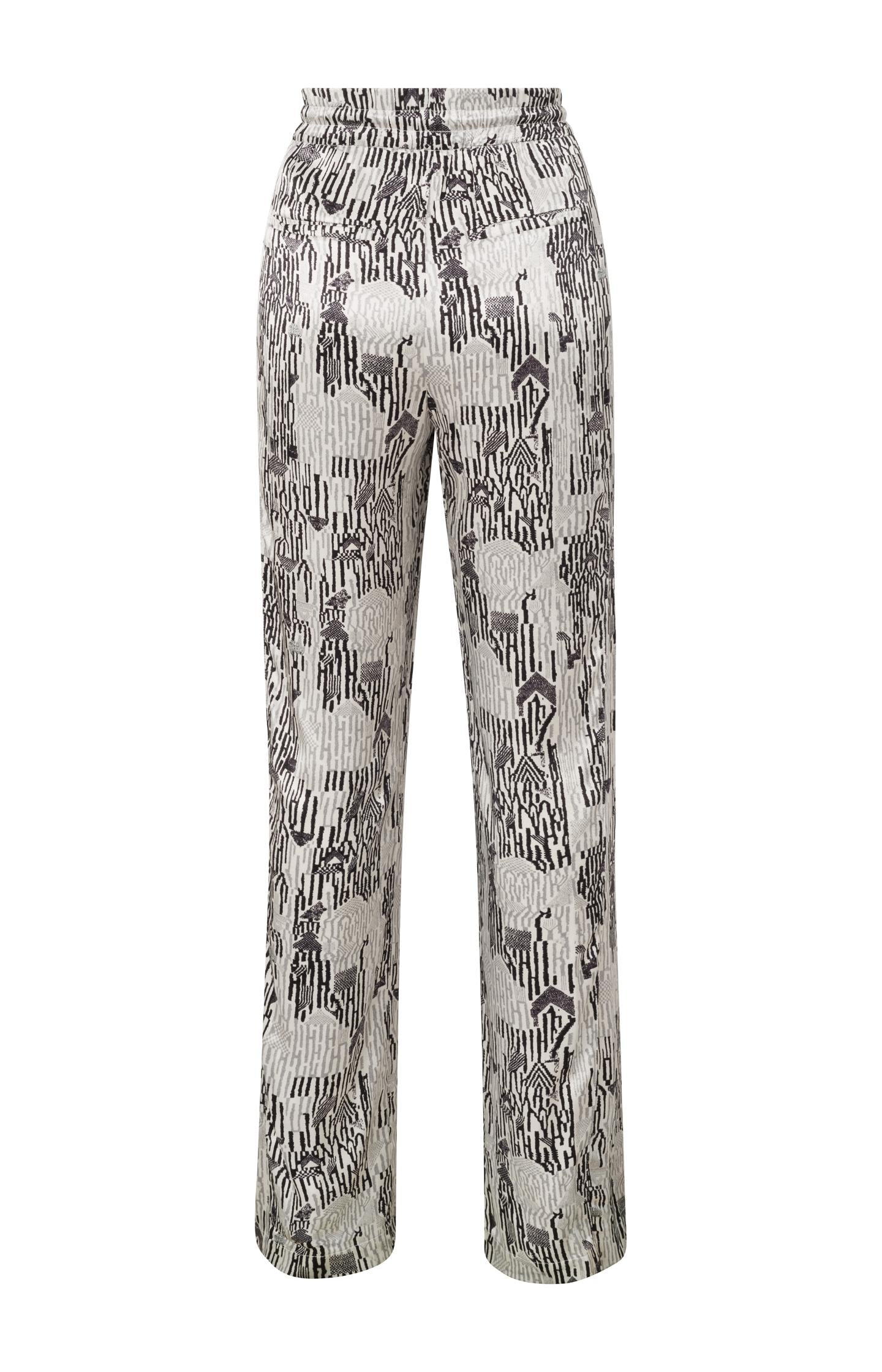 Satin woven trousers with wide leg, drawstring and print