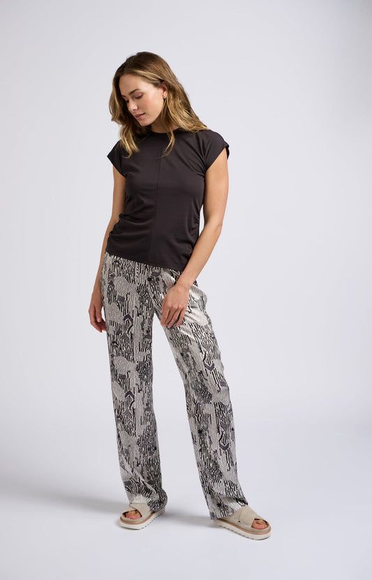 Satin woven trousers with wide leg, drawstring and print