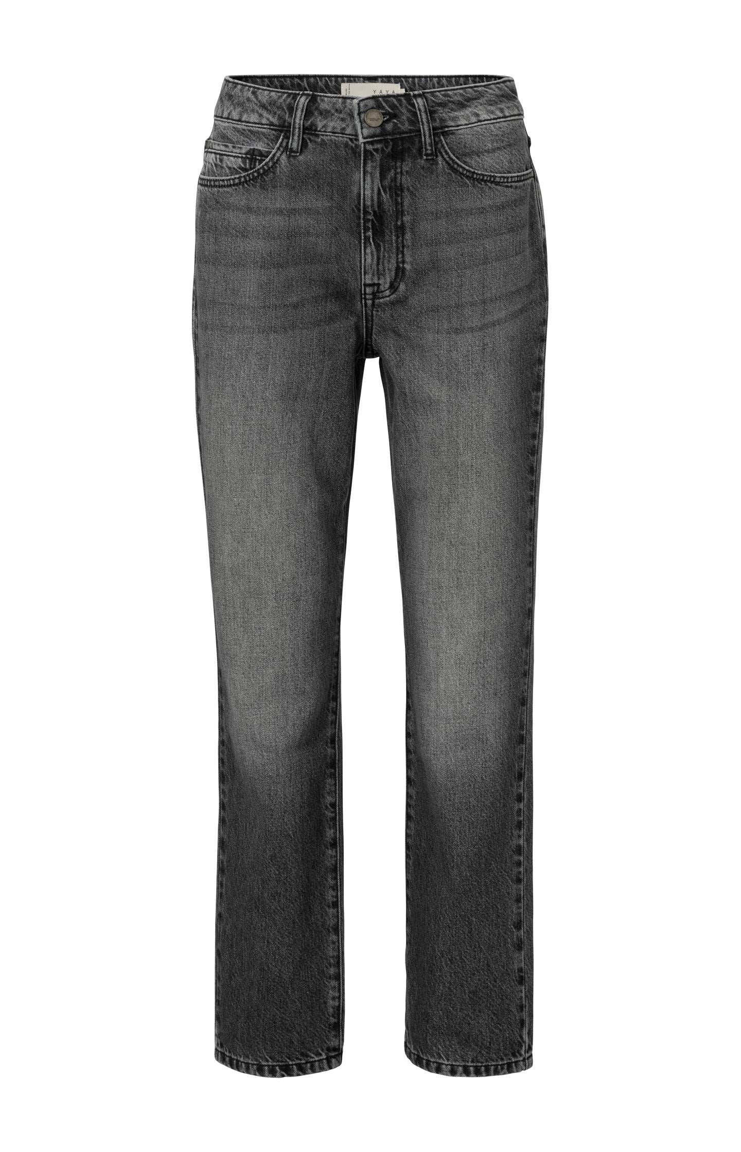 Dark jeans with high waist, straight legs and pockets