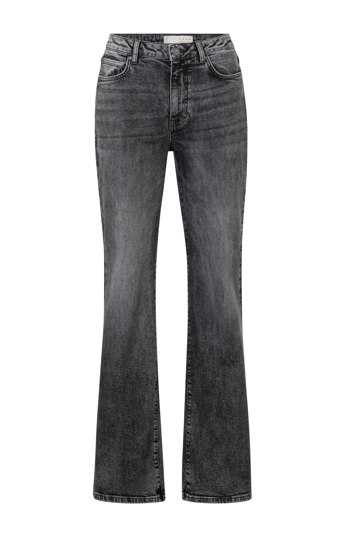 Dark jeans with high waist, wide legs and pockets