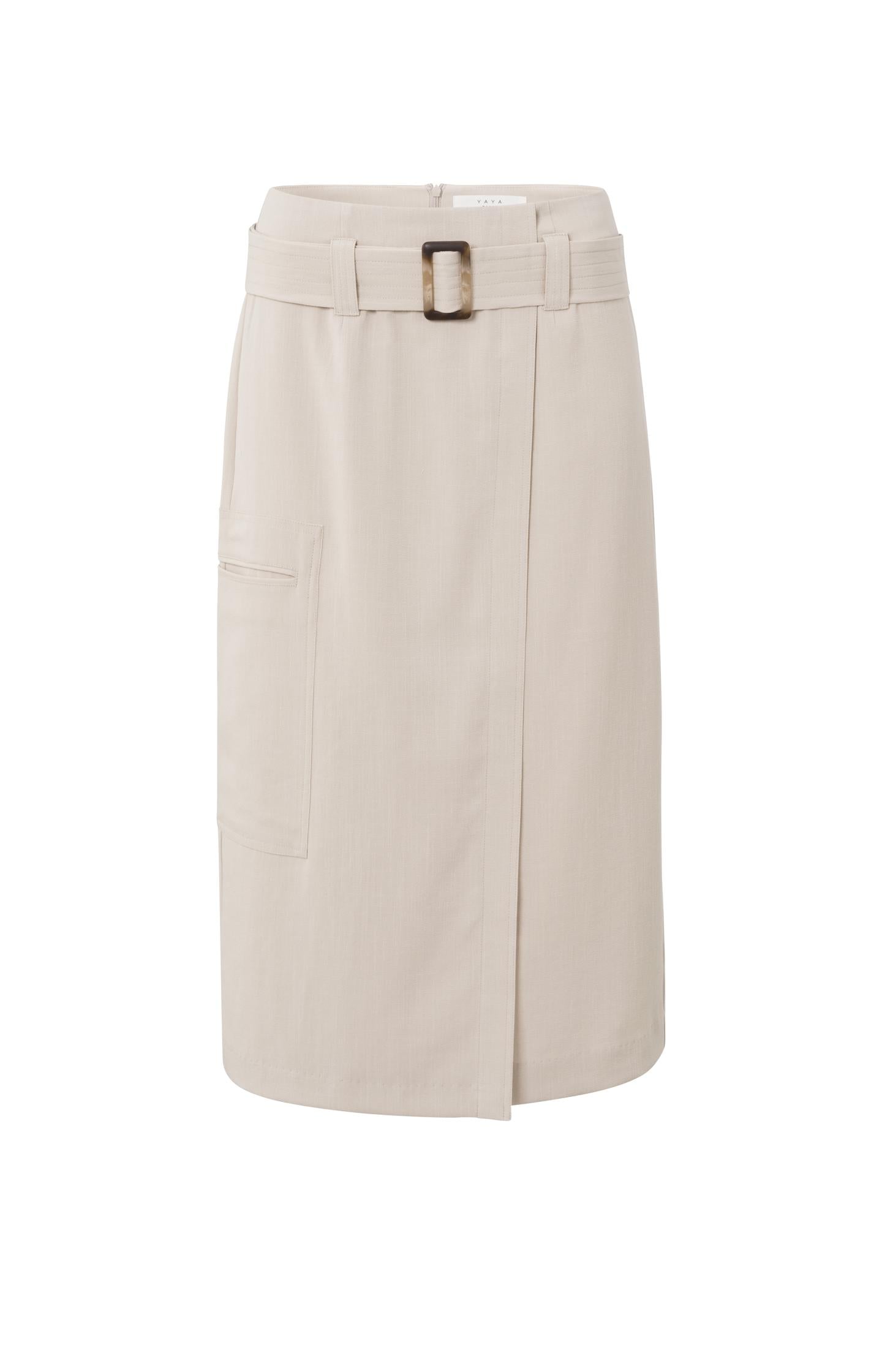 Woven midi skirt with belt, zip, pocket and wrap effect