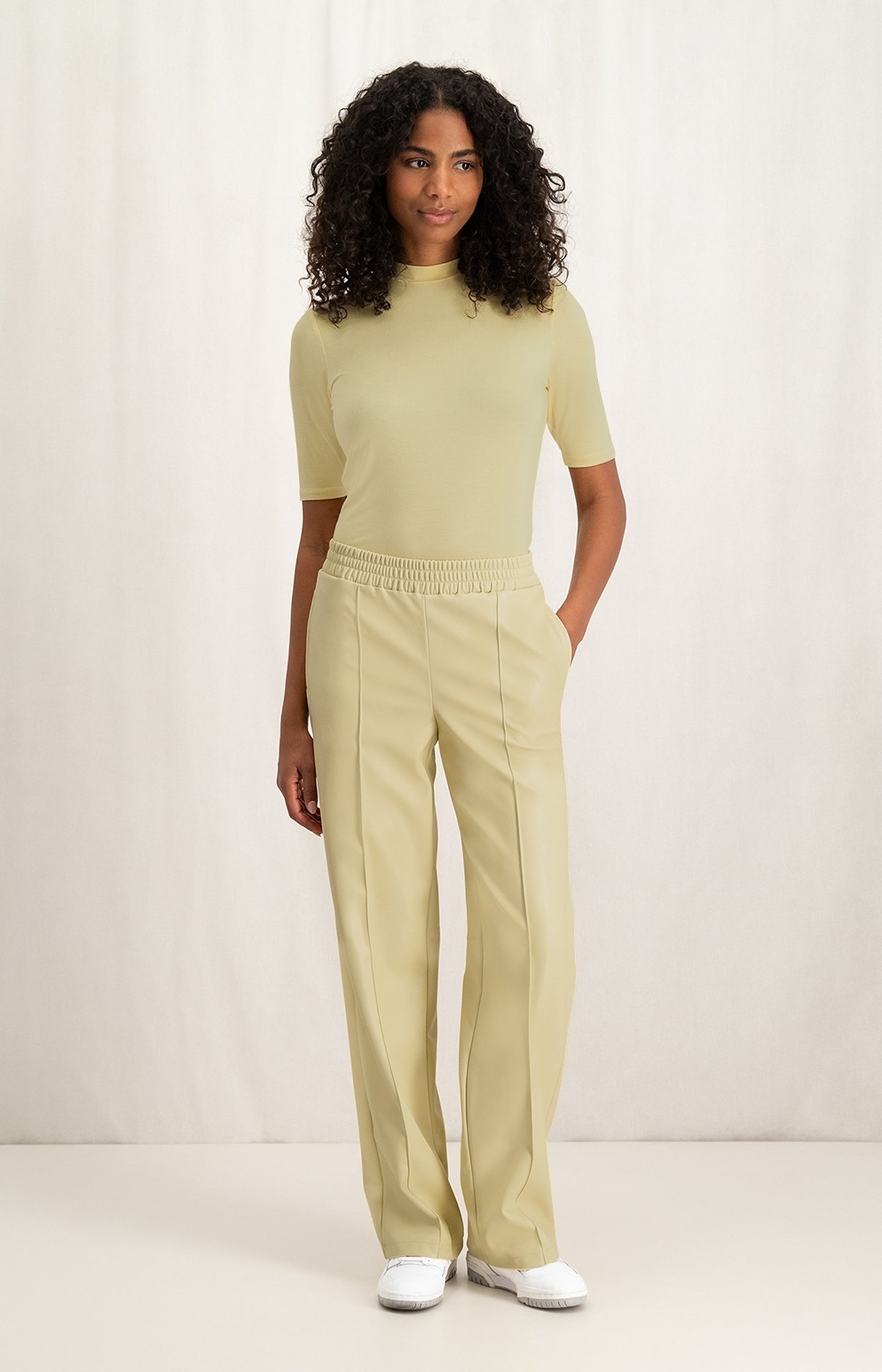 Faux leather wide leg trousers with elastic waist and pocket