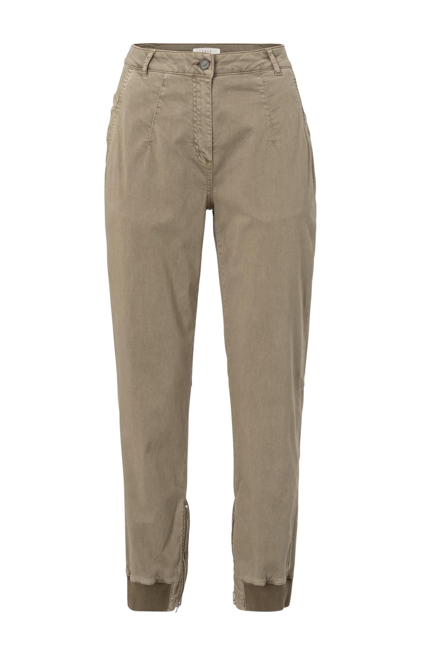 Brown cargo pants with straight elastic legs and zippers