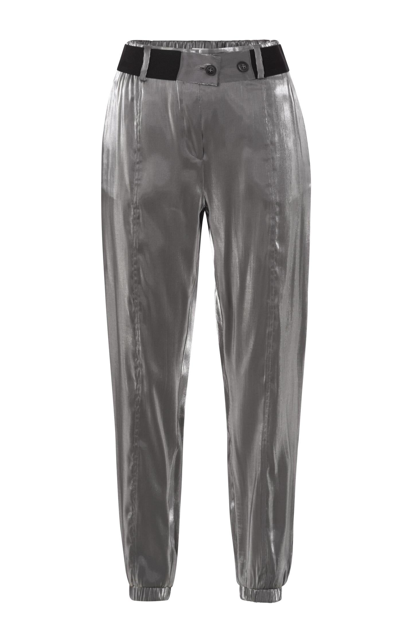 Silver metallic pants with elastic belt and pockets