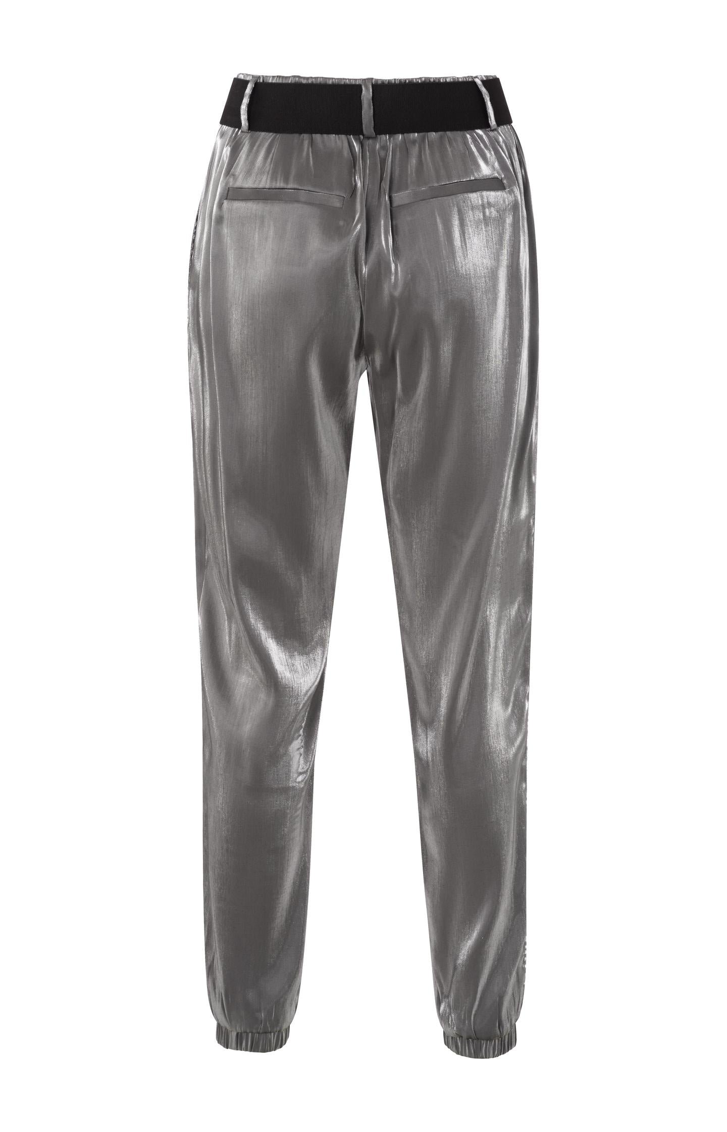 Silver metallic pants with elastic belt and pockets