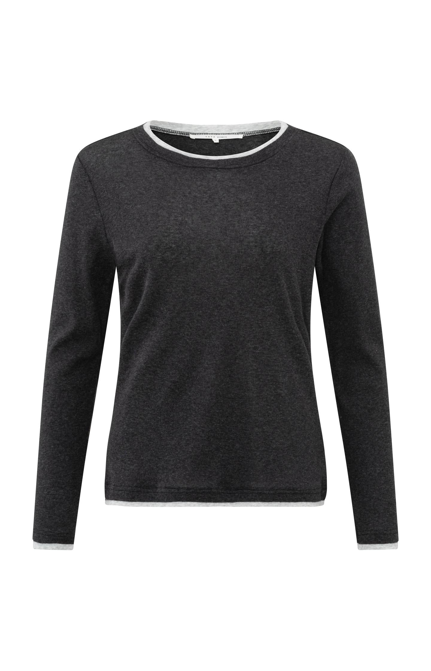 Dark gray top with long sleeves and round neck