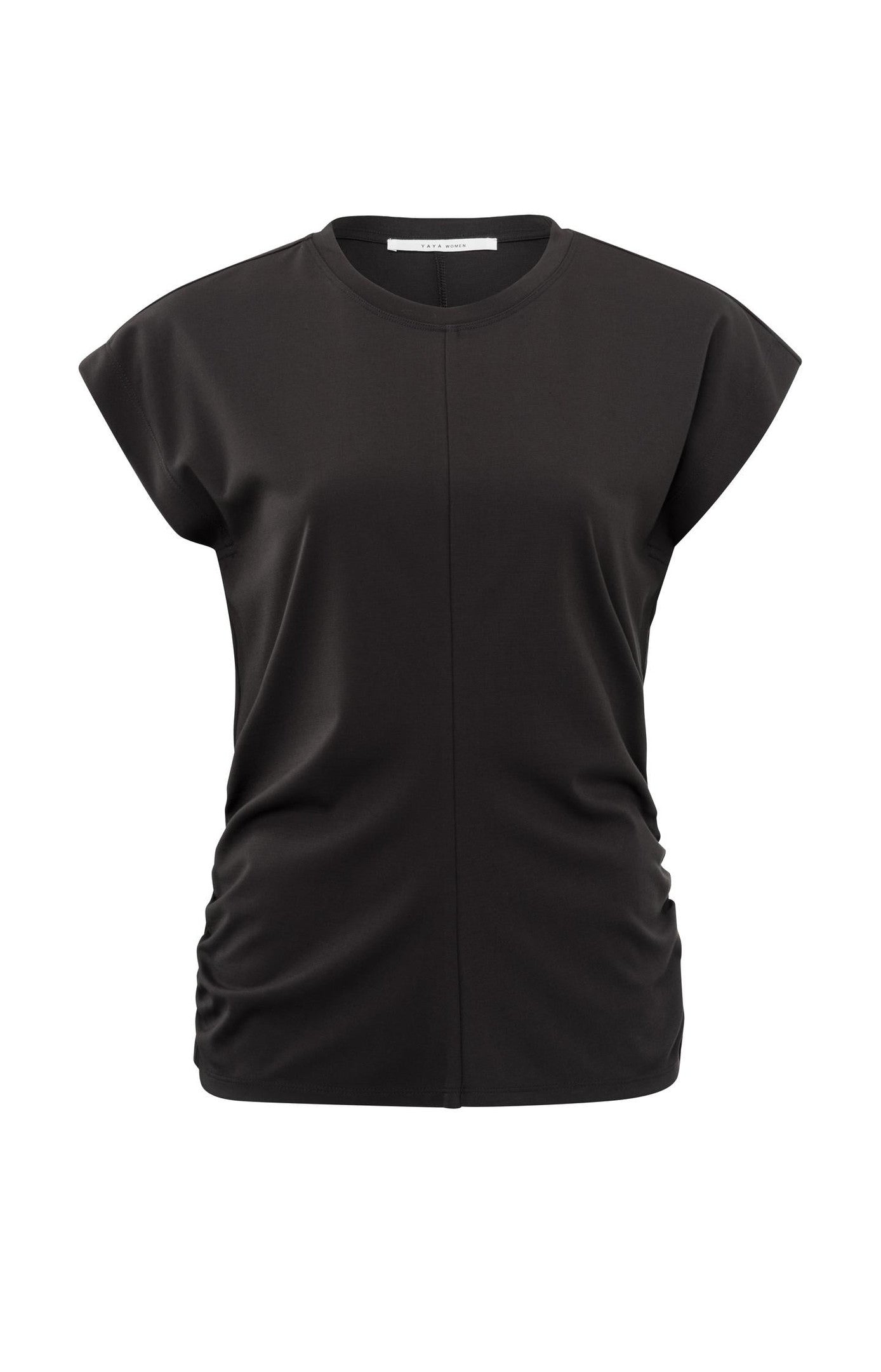 Top with round neck, cap sleeves and gathered seams