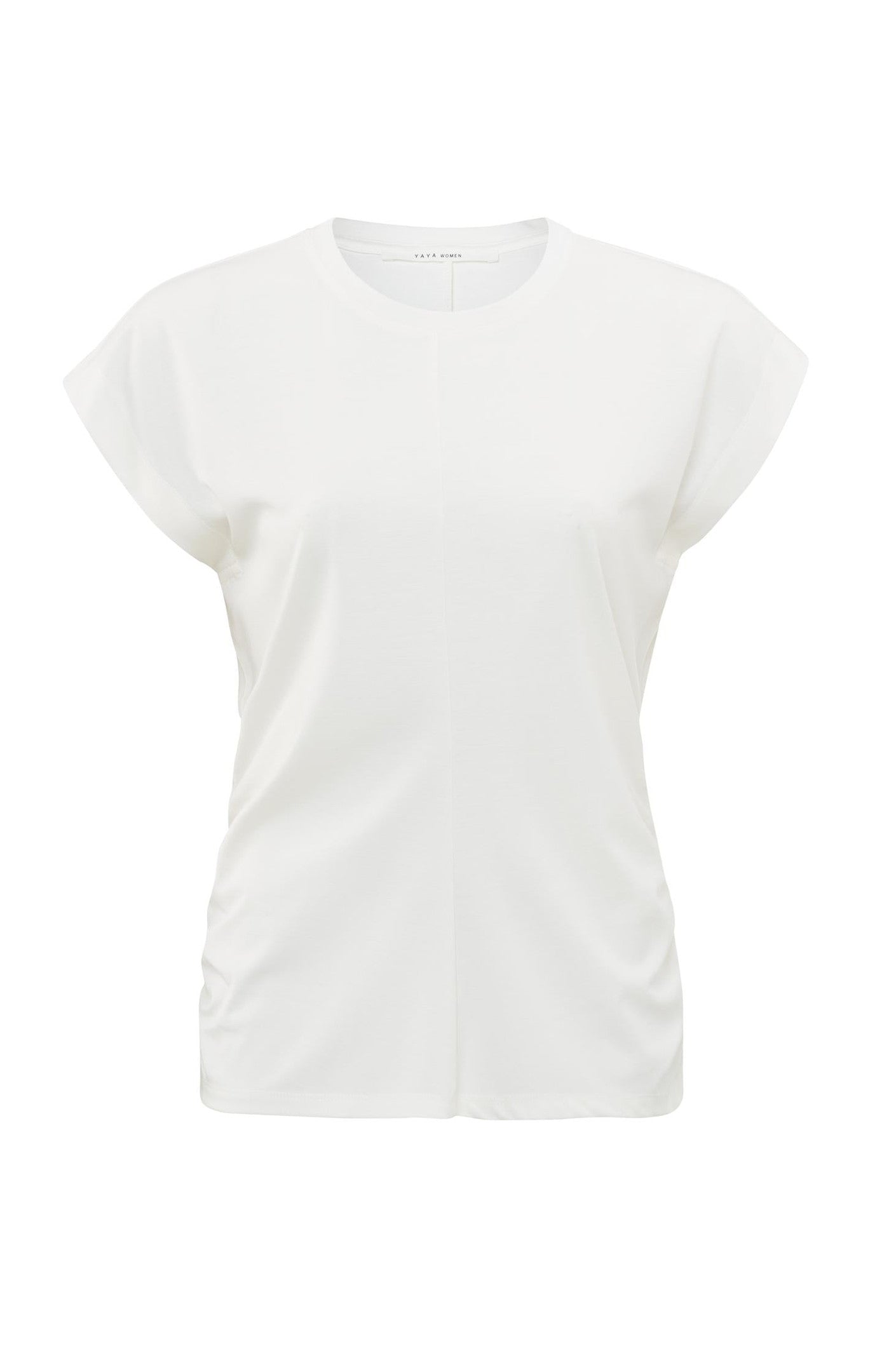 Top with round neck, cap sleeves and gathered seams