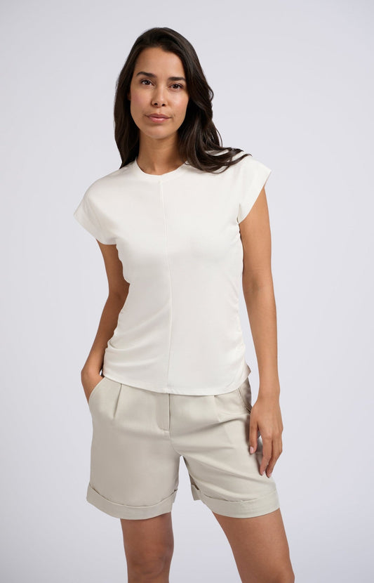 Top with round neck, cap sleeves and gathered seams