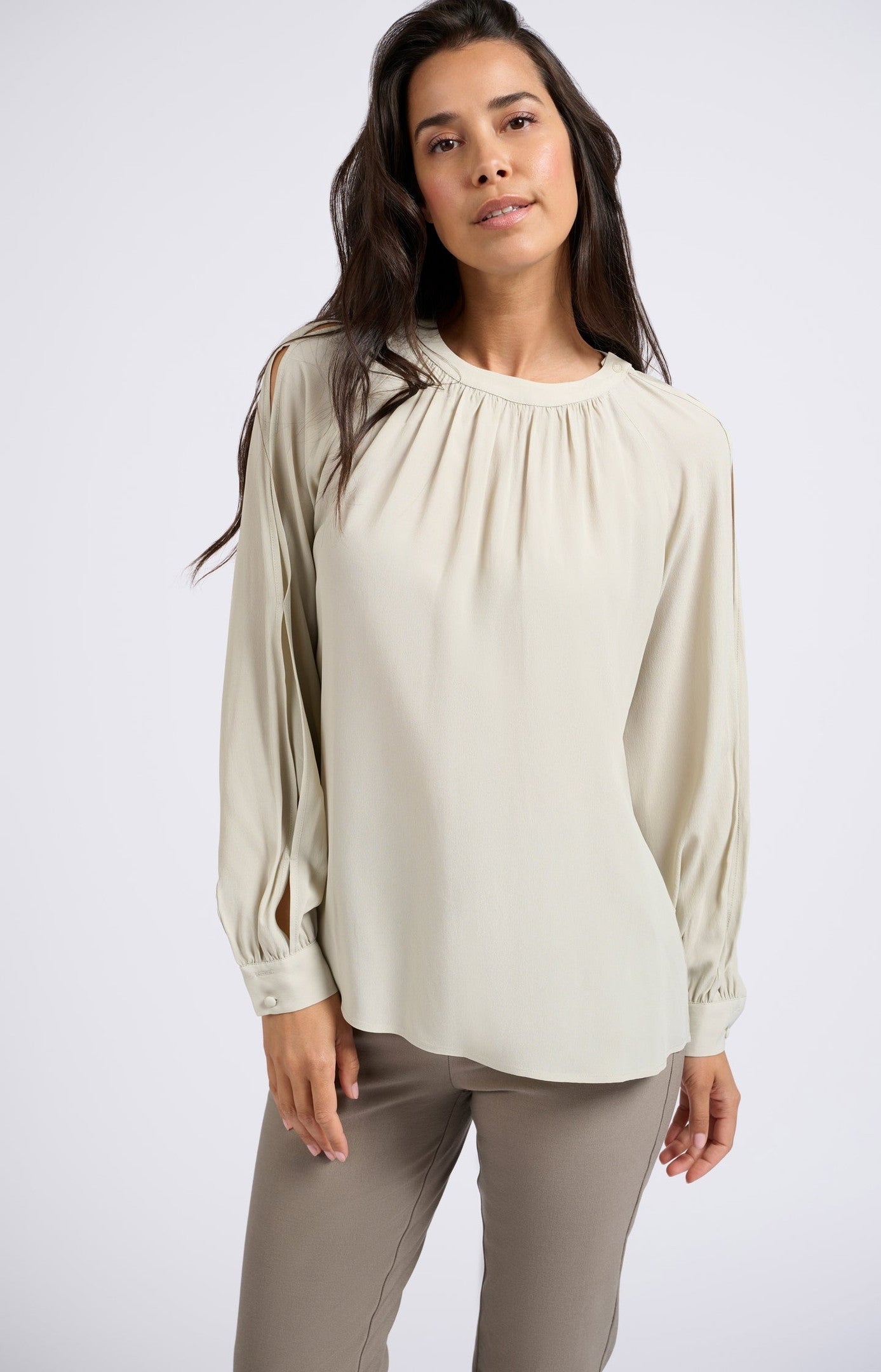 Woven top with long balloon sleeves