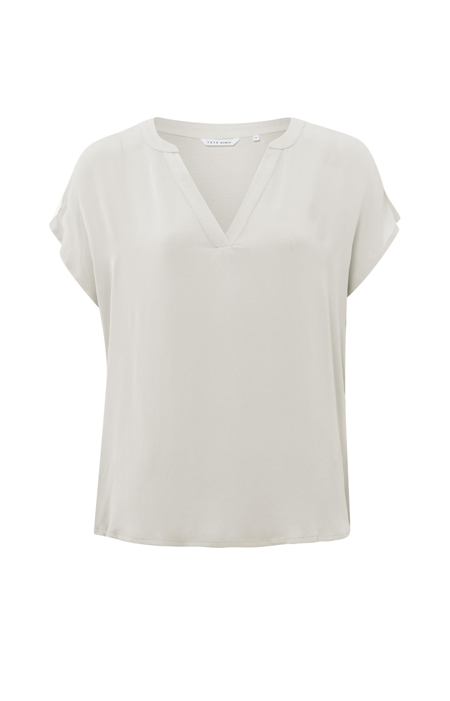 Flowy top with short sleeves, V-neck in mixed materials