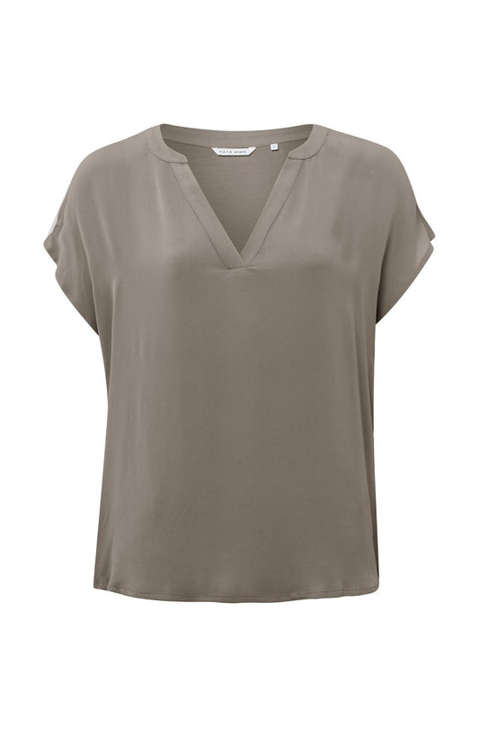 Flowy top with short sleeves, V-neck in mixed materials