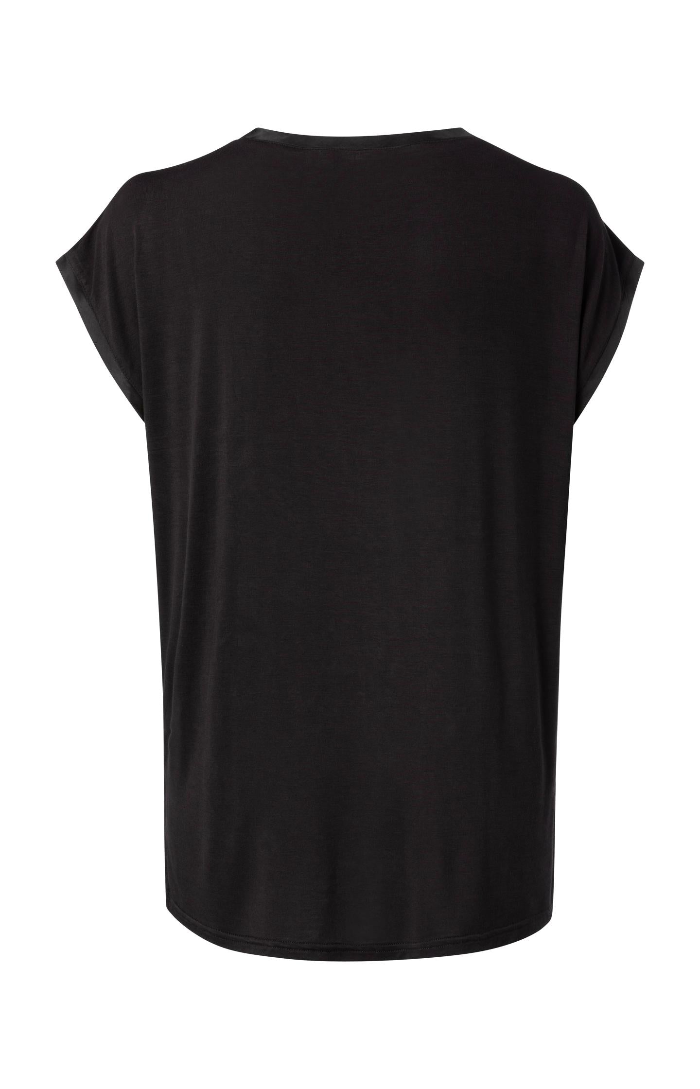 Basic mixed fabric top with round neck and cap sleeves