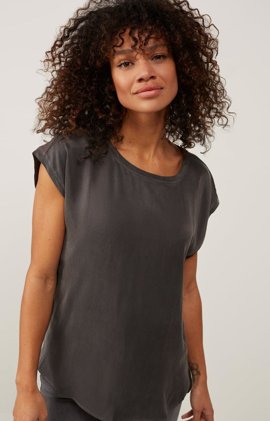 Basic mixed fabric top with round neck and cap sleeves