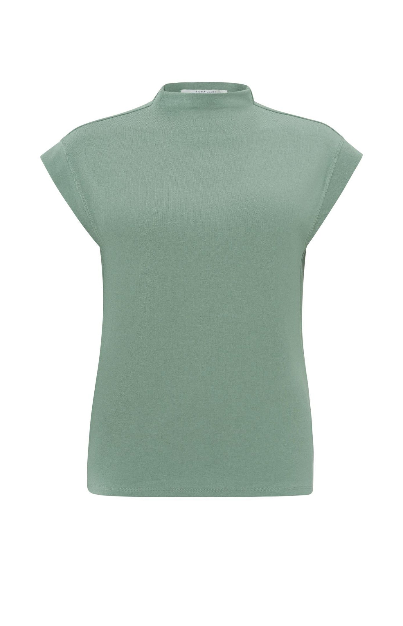 Top with cap sleeves, high collar and fitted fit