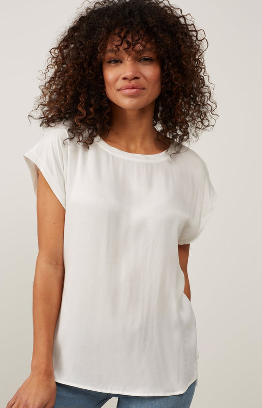 Basic mixed fabric top with round neck and cap sleeves