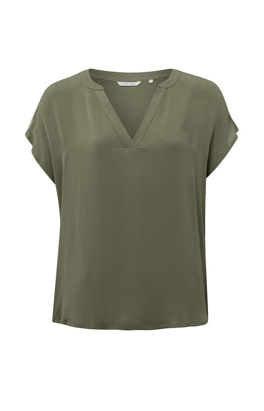 Airy top with short sleeves, V-neck in mixed materials