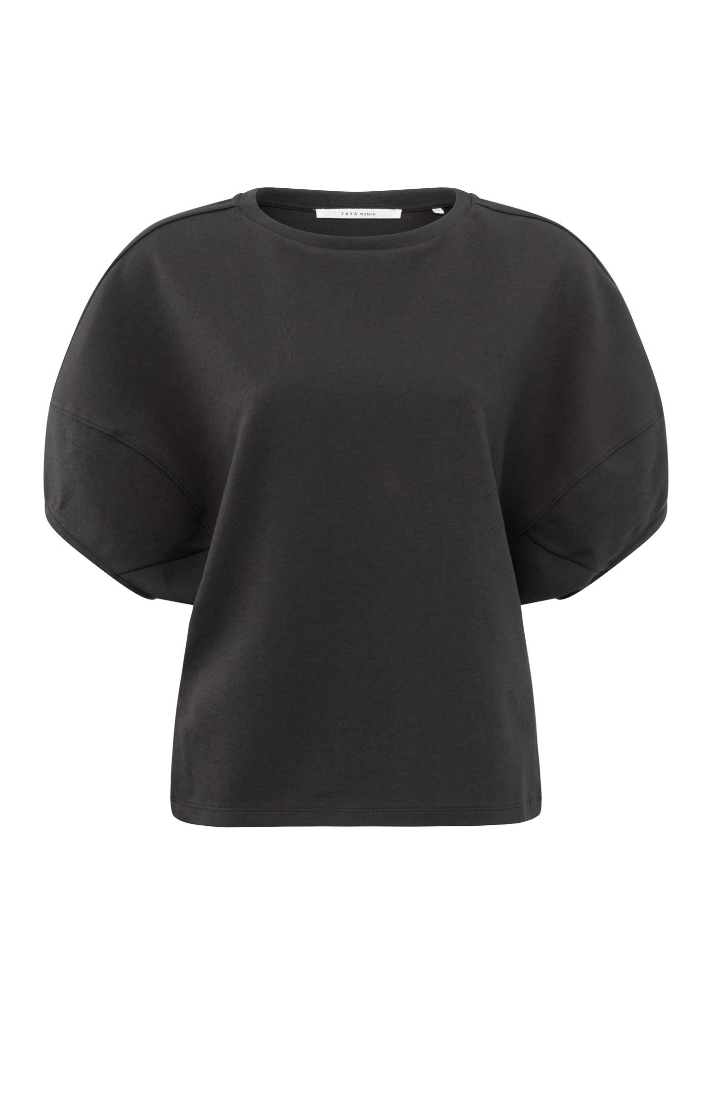 Black top with half puff sleeves and a round neck