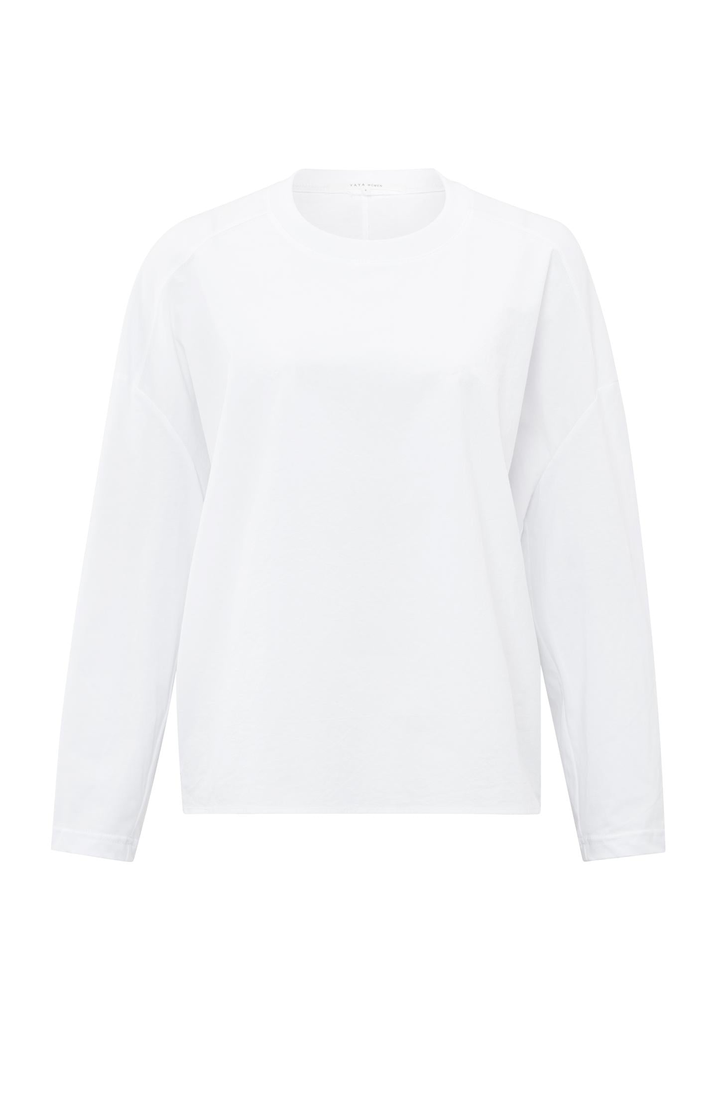 White long-sleeve top with round neck in mixed materials