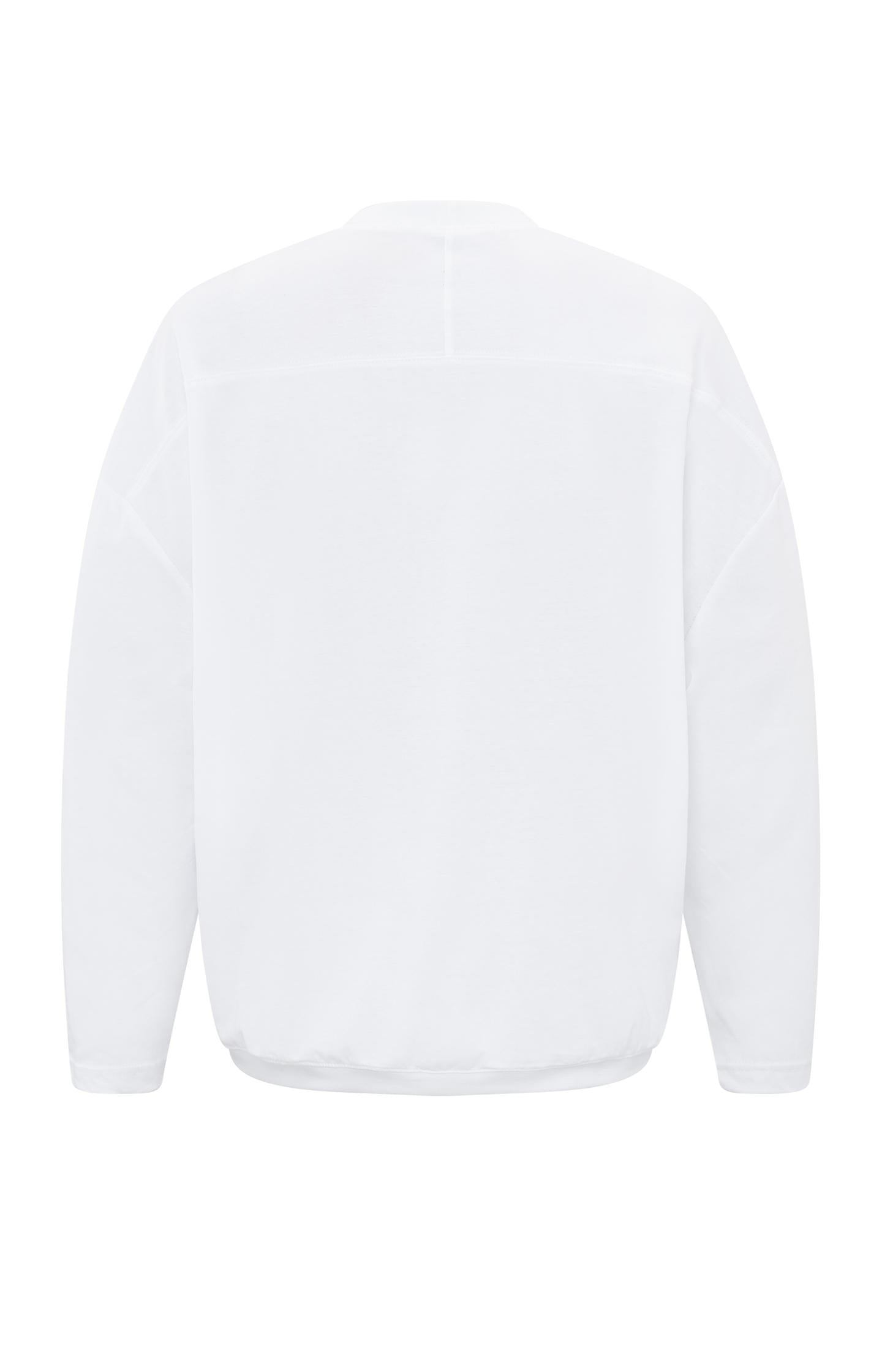 White long-sleeve top with round neck in mixed materials